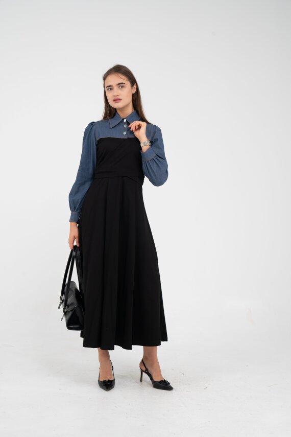 Denim Detaylı Uzun Elbise K1721 - 4