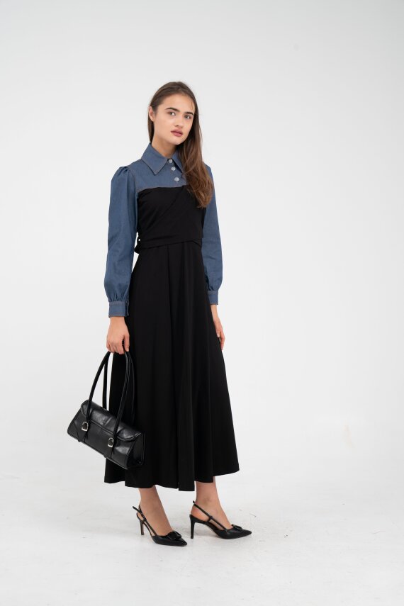 Denim Detaylı Uzun Elbise K1721 - 7