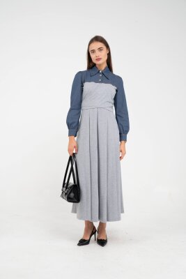 Denim Detaylı Uzun Elbise K1721 - 10