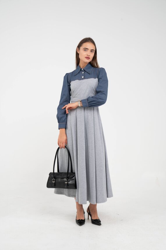 Denim Detaylı Uzun Elbise K1721 - 11