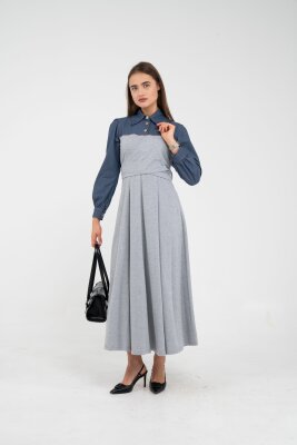 Denim Detaylı Uzun Elbise K1721 - 12