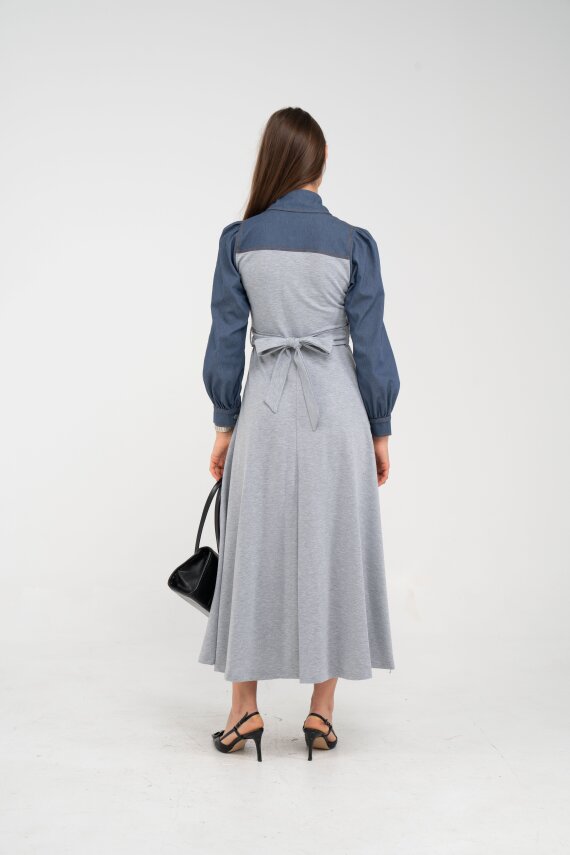 Denim Detaylı Uzun Elbise K1721 - 21