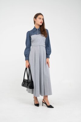 Denim Detaylı Uzun Elbise K1721 - 17