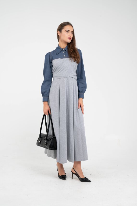 Denim Detaylı Uzun Elbise K1721 - 17