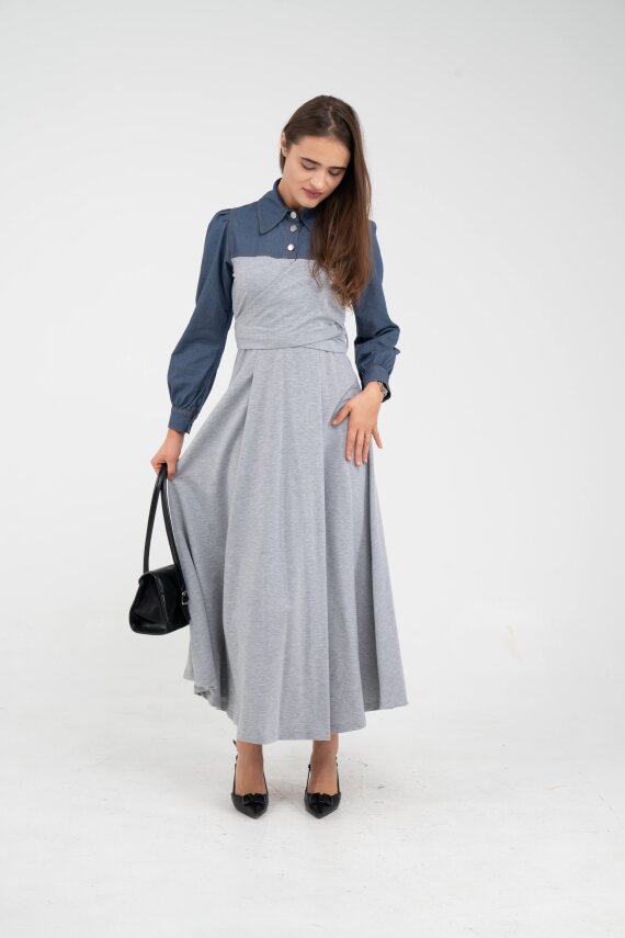 Denim Detaylı Uzun Elbise K1721 - 18