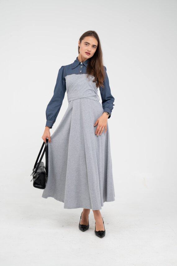 Denim Detaylı Uzun Elbise K1721 - 19