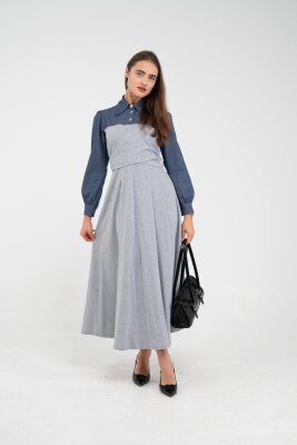 Denim Detaylı Uzun Elbise K1721 - 20