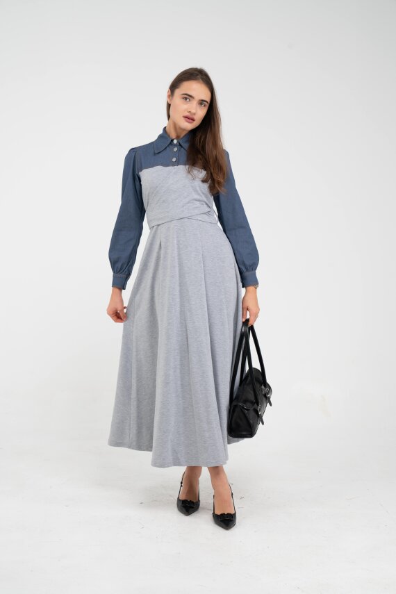 Denim Detaylı Uzun Elbise K1721 - 20