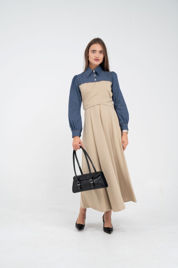 Denim Detaylı Uzun Elbise K1721 - 22