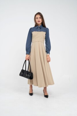 Denim Detaylı Uzun Elbise K1721 - 23