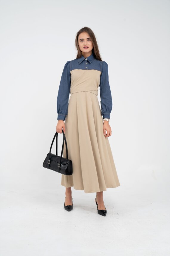 Denim Detaylı Uzun Elbise K1721 - 23