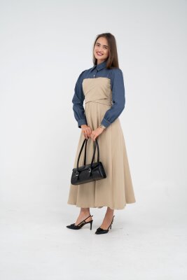 Denim Detaylı Uzun Elbise K1721 - 24