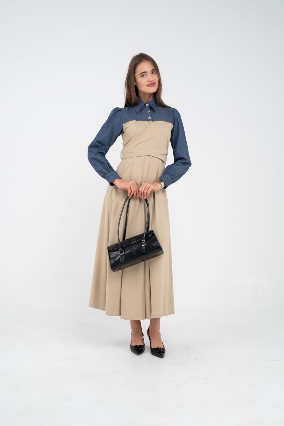 Denim Detaylı Uzun Elbise K1721 - 25