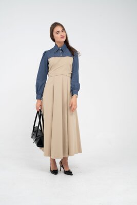 Denim Detaylı Uzun Elbise K1721 - 33
