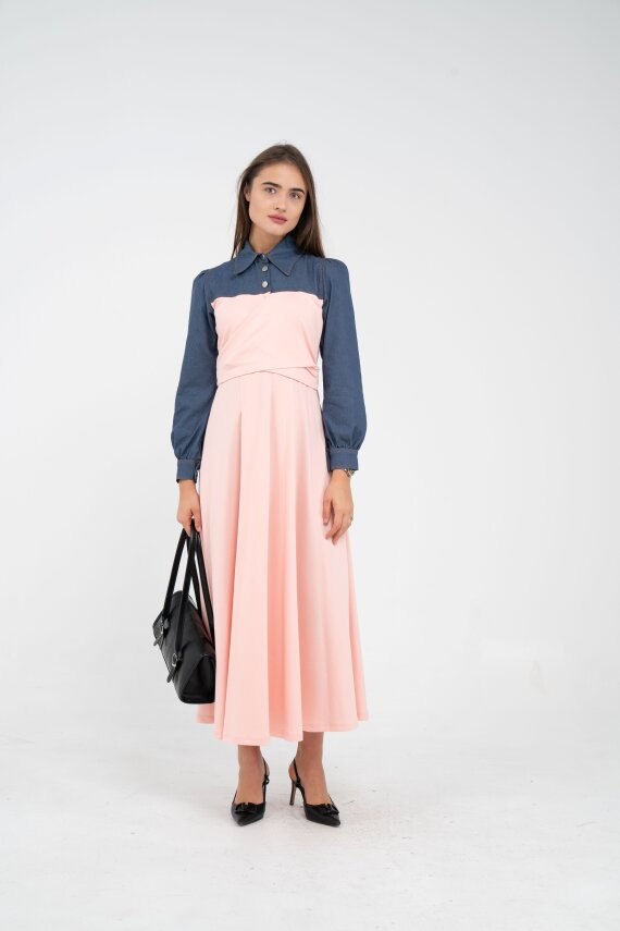 Denim Detaylı Uzun Elbise K1721 - 35