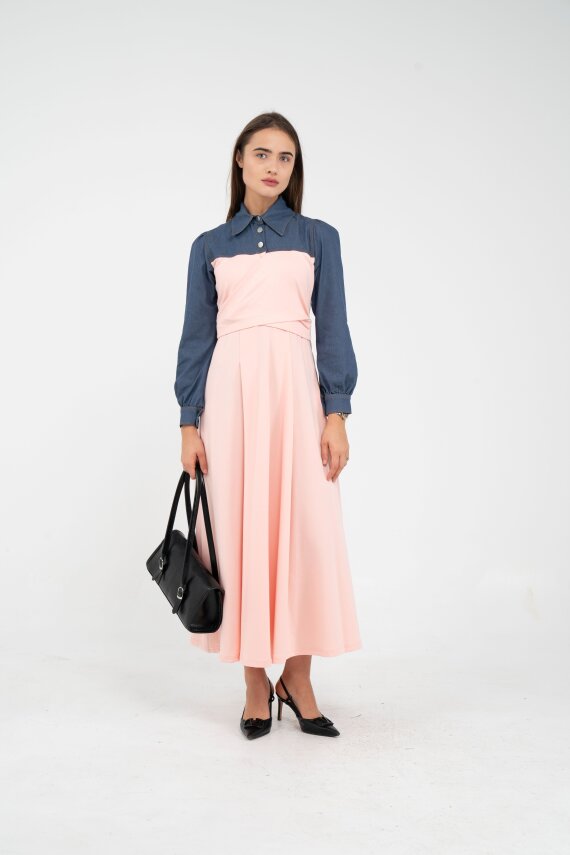 Denim Detaylı Uzun Elbise K1721 - 36