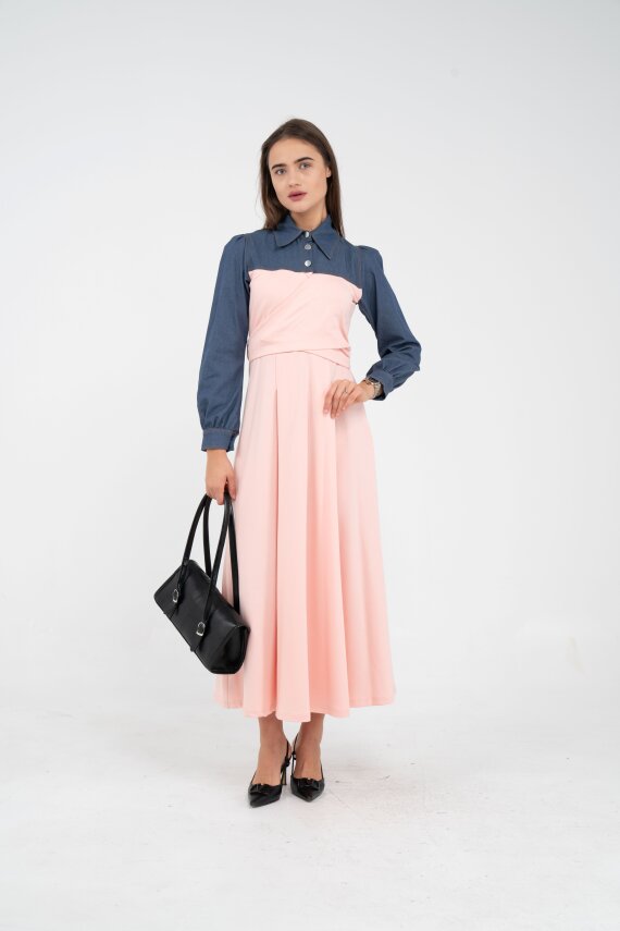 Denim Detaylı Uzun Elbise K1721 - 37