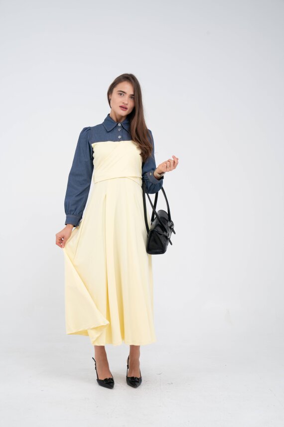 Denim Detaylı Uzun Elbise K1721 - 45