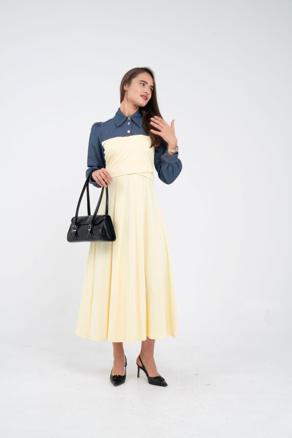 Denim Detaylı Uzun Elbise K1721 - 54