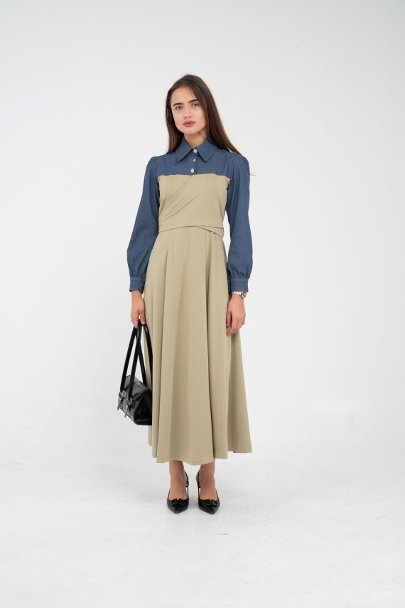 Denim Detaylı Uzun Elbise K1721 - 56