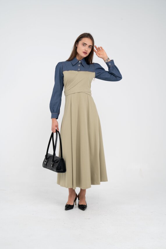 Denim Detaylı Uzun Elbise K1721 - 58