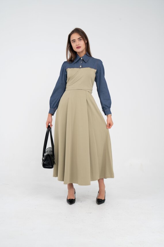 Denim Detaylı Uzun Elbise K1721 - 59