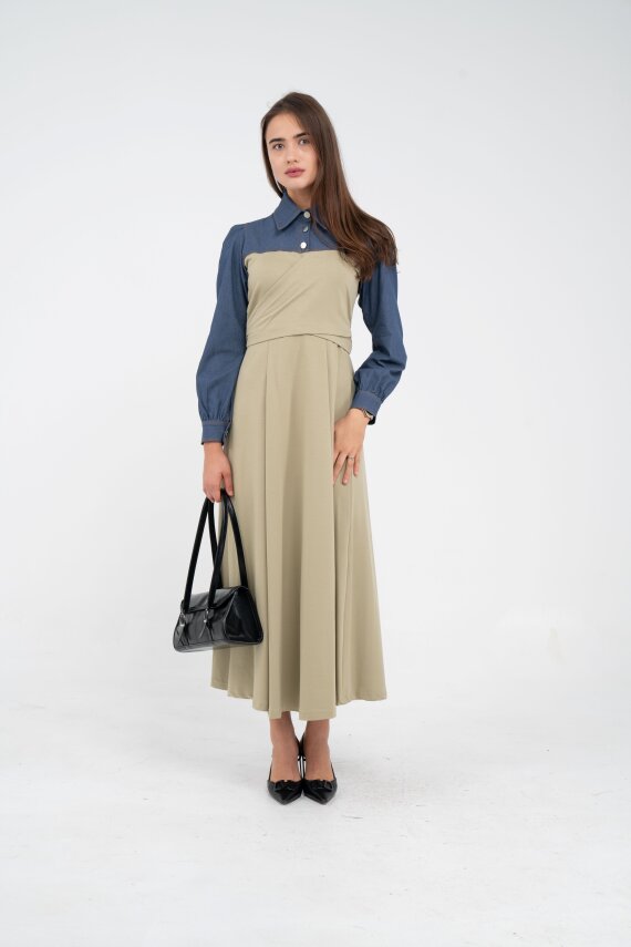 Denim Detaylı Uzun Elbise K1721 - 65