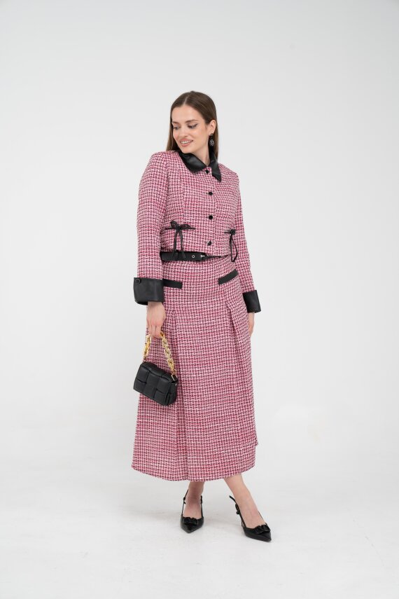 Deri Detaylı Ekose Ceket Etek İkili Takım K8057 - 1