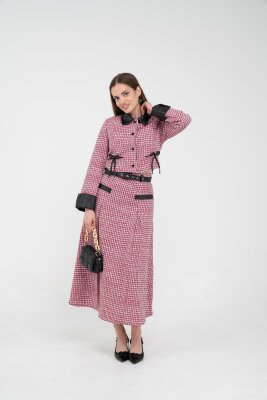 Deri Detaylı Ekose Ceket Etek İkili Takım K8057 - 2