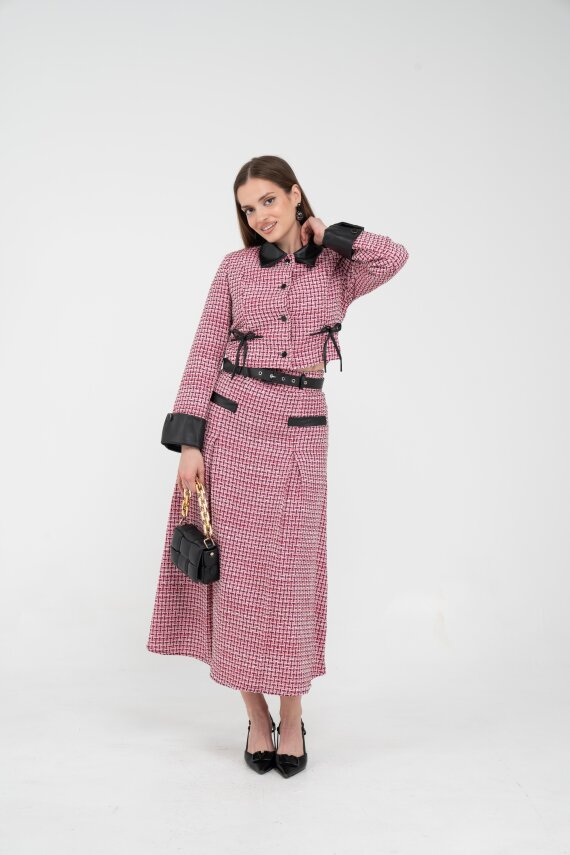 Deri Detaylı Ekose Ceket Etek İkili Takım K8057 - 2