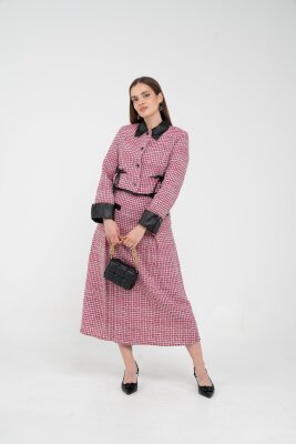 Deri Detaylı Ekose Ceket Etek İkili Takım K8057 - 4