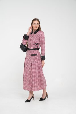 Deri Detaylı Ekose Ceket Etek İkili Takım K8057 - 5