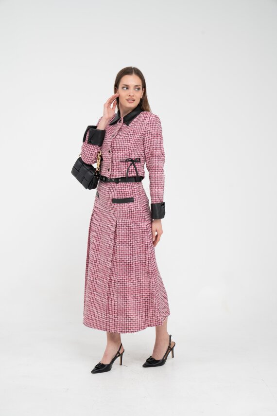 Deri Detaylı Ekose Ceket Etek İkili Takım K8057 - 5