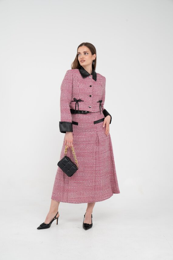 Deri Detaylı Ekose Ceket Etek İkili Takım K8057 - 6