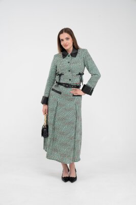 Deri Detaylı Ekose Ceket Etek İkili Takım K8057 - 8