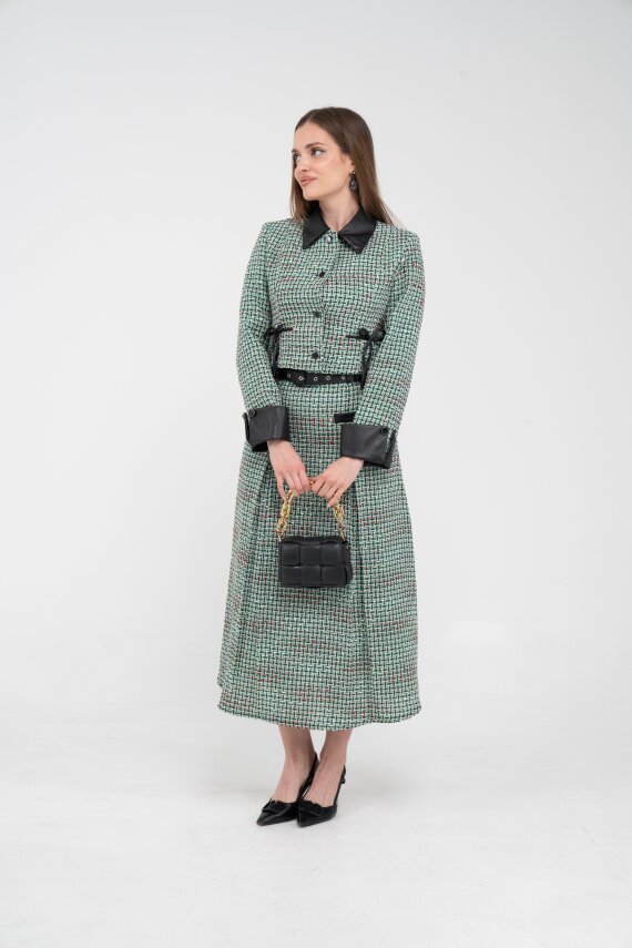 Deri Detaylı Ekose Ceket Etek İkili Takım K8057 - 9