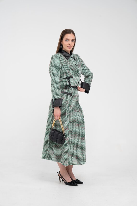 Deri Detaylı Ekose Ceket Etek İkili Takım K8057 - 10