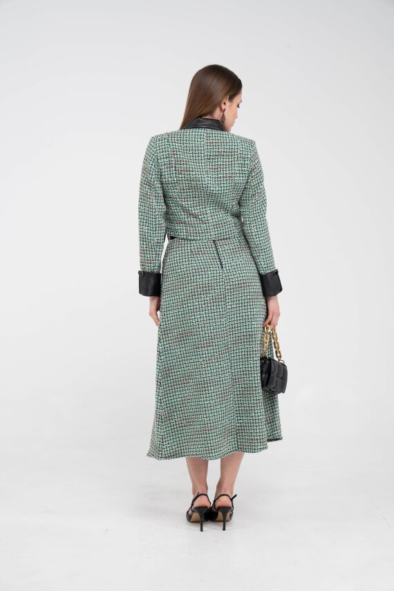 Deri Detaylı Ekose Ceket Etek İkili Takım K8057 - 15