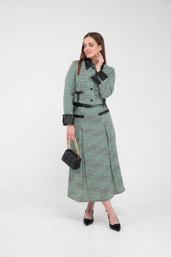 Deri Detaylı Ekose Ceket Etek İkili Takım K8057 - 12