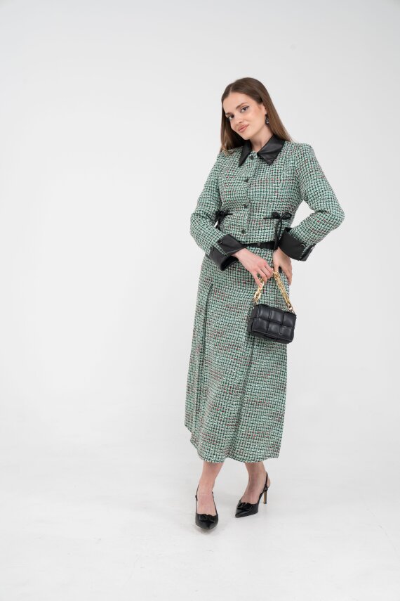 Deri Detaylı Ekose Ceket Etek İkili Takım K8057 - 14