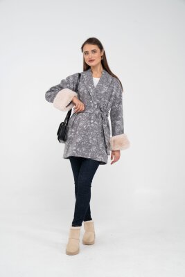 Desenli Kürk Manşet Detaylı Kuşaklı Kadın Kaban 1766 - SASİLVA