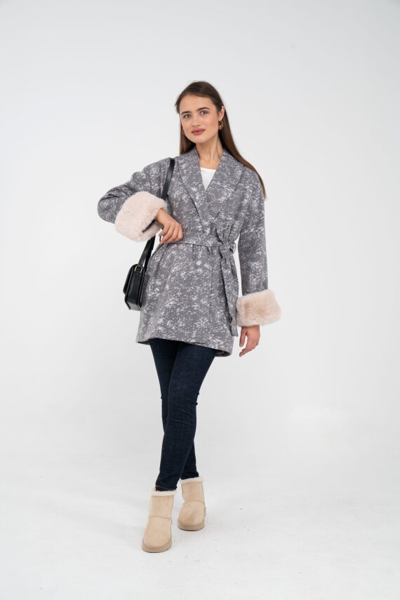 Desenli Kürk Manşet Detaylı Kuşaklı Kadın Kaban 1766 - 1