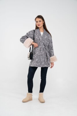 Desenli Kürk Manşet Detaylı Kuşaklı Kadın Kaban 1766 - 2