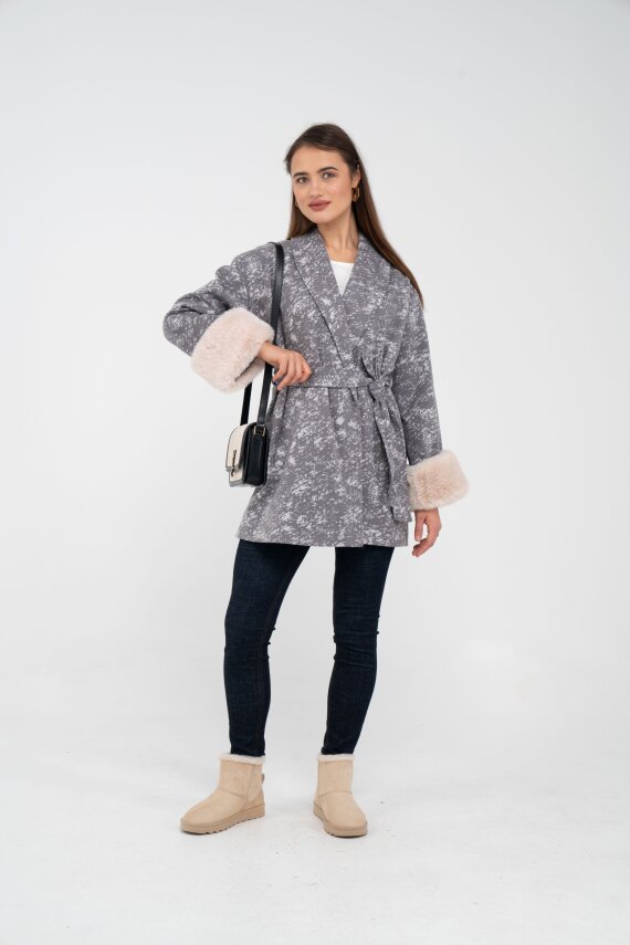 Desenli Kürk Manşet Detaylı Kuşaklı Kadın Kaban 1766 - 2