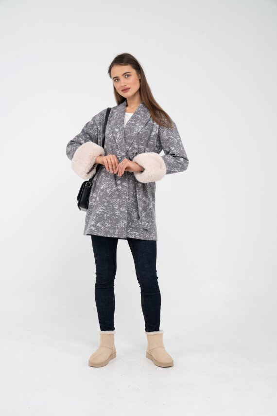 Desenli Kürk Manşet Detaylı Kuşaklı Kadın Kaban 1766 - 3