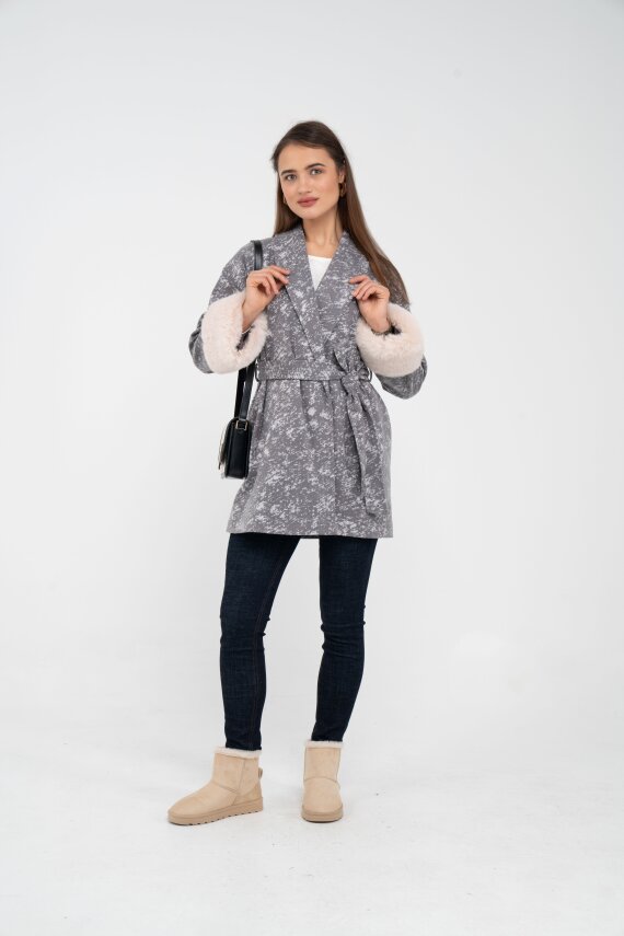 Desenli Kürk Manşet Detaylı Kuşaklı Kadın Kaban 1766 - 4