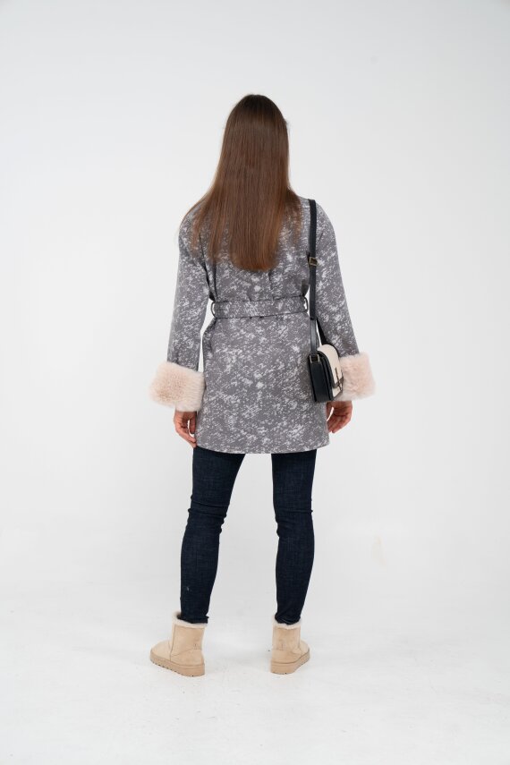 Desenli Kürk Manşet Detaylı Kuşaklı Kadın Kaban 1766 - 8