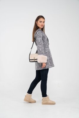 Desenli Kürk Manşet Detaylı Kuşaklı Kadın Kaban 1766 - 5