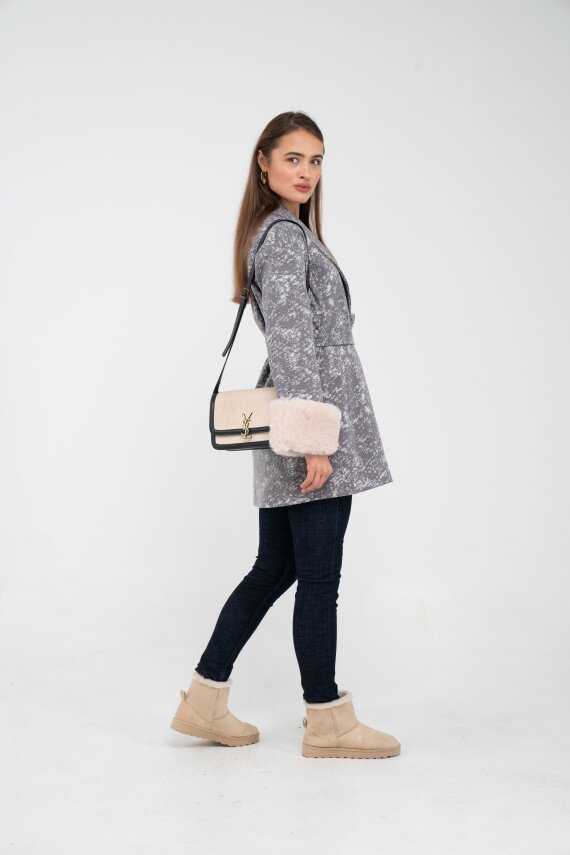 Desenli Kürk Manşet Detaylı Kuşaklı Kadın Kaban 1766 - 5