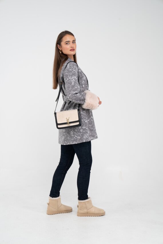 Desenli Kürk Manşet Detaylı Kuşaklı Kadın Kaban 1766 - 6